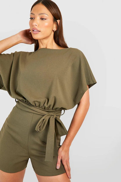Khaki Tall Short Sleeve Batwing Playsuit