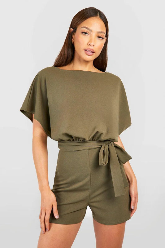 Khaki Tall Short Sleeve Batwing Playsuit