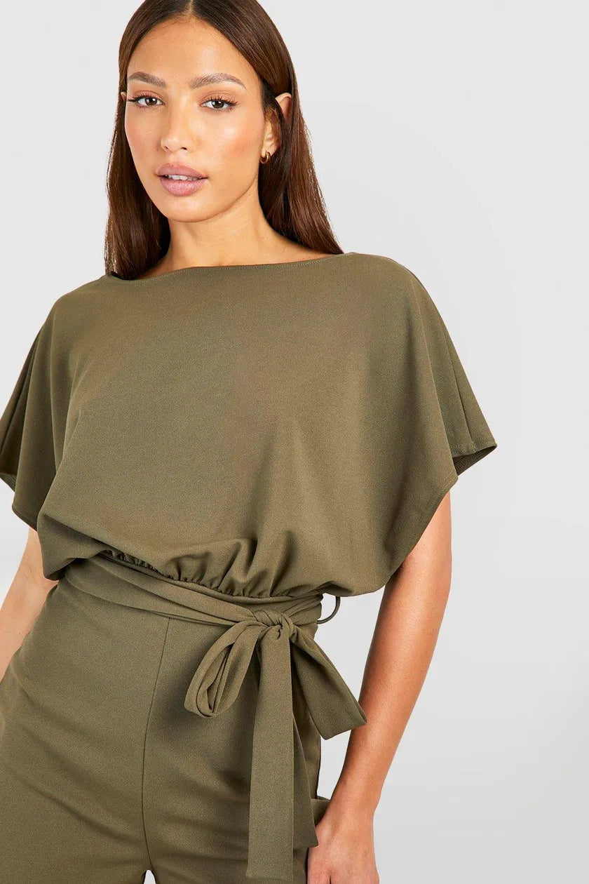 Khaki Tall Short Sleeve Batwing Playsuit
