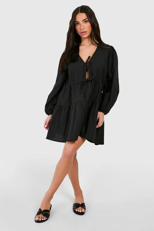 Petite Linen Look Tie Detail Mini Dress Black