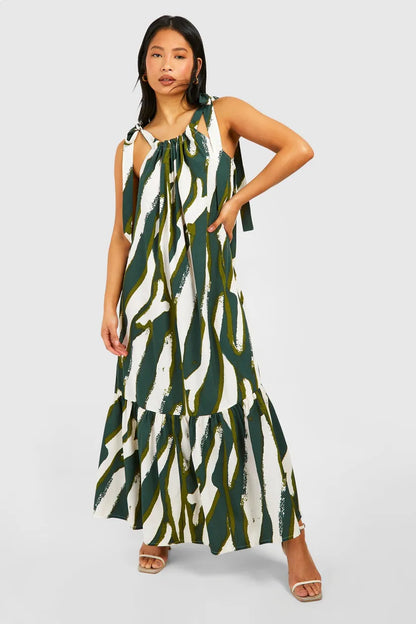 Petite Printed Tie Shoulder Maxi Dress