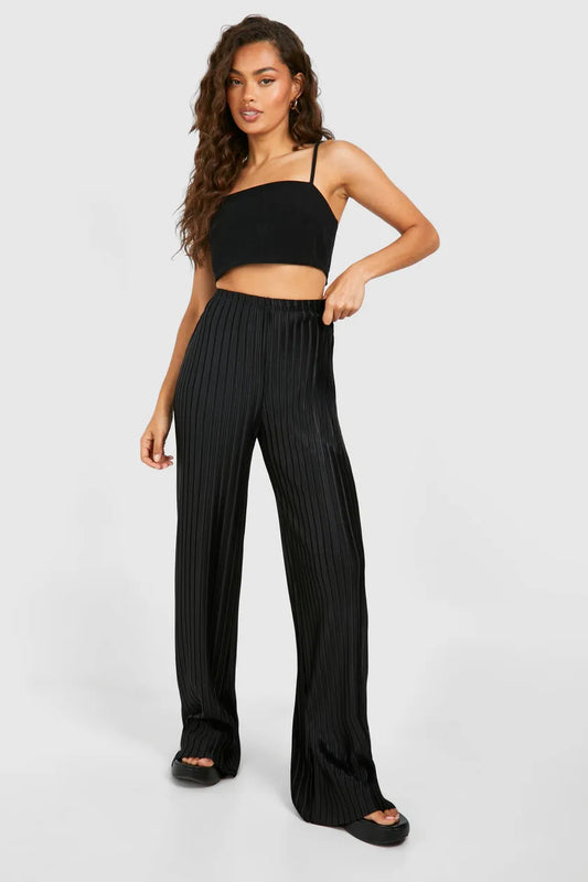 Stripe Plisse Straight Leg Trouser Black