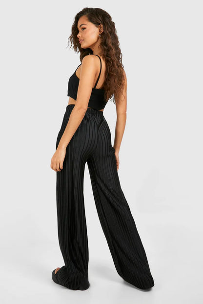 Stripe Plisse Straight Leg Trouser Black