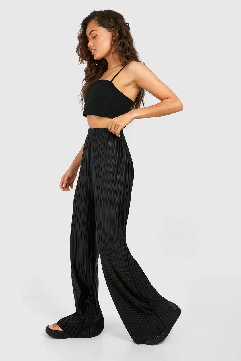 Stripe Plisse Straight Leg Trouser Black