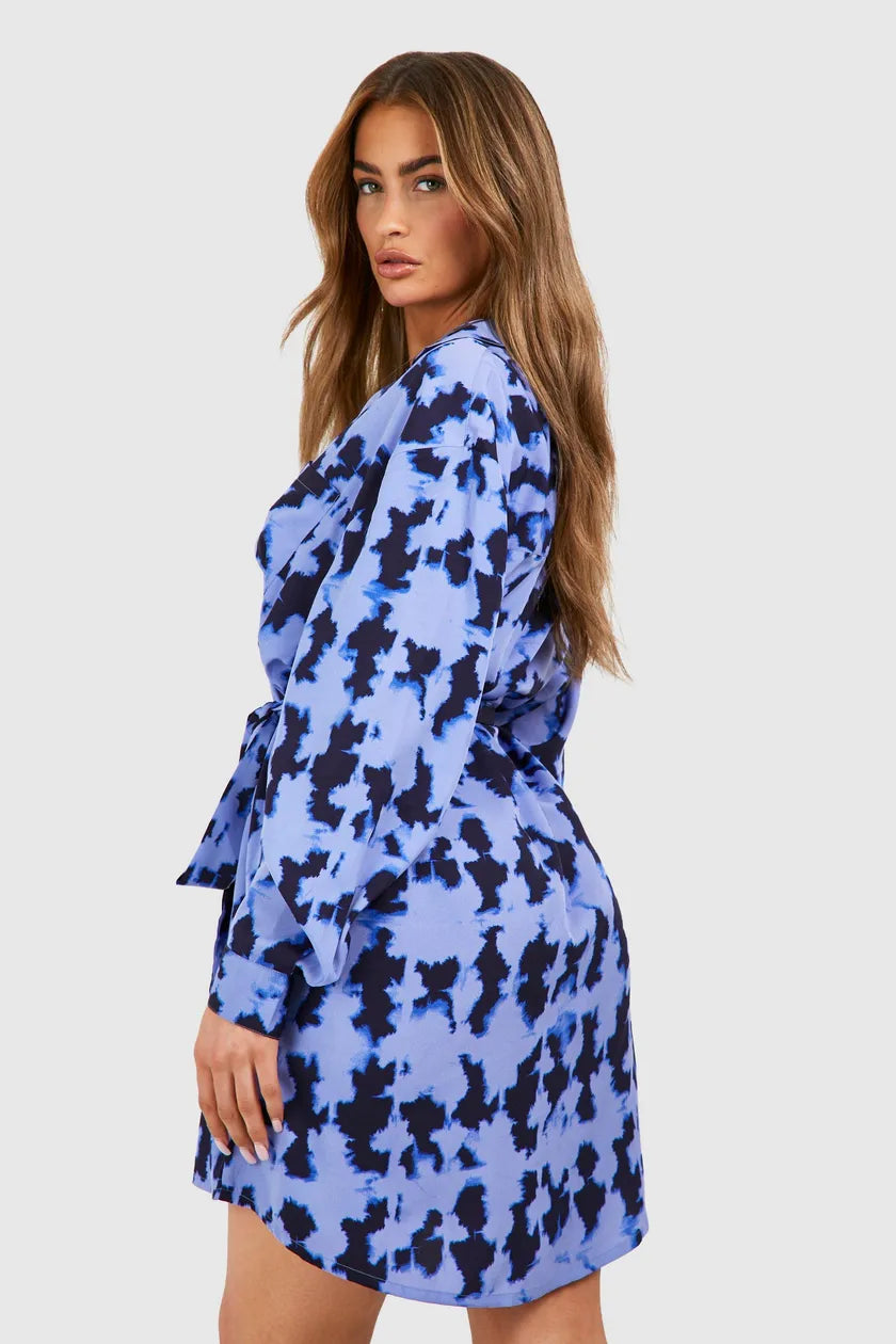 Blur Print Batwing Belted Shirt Dress