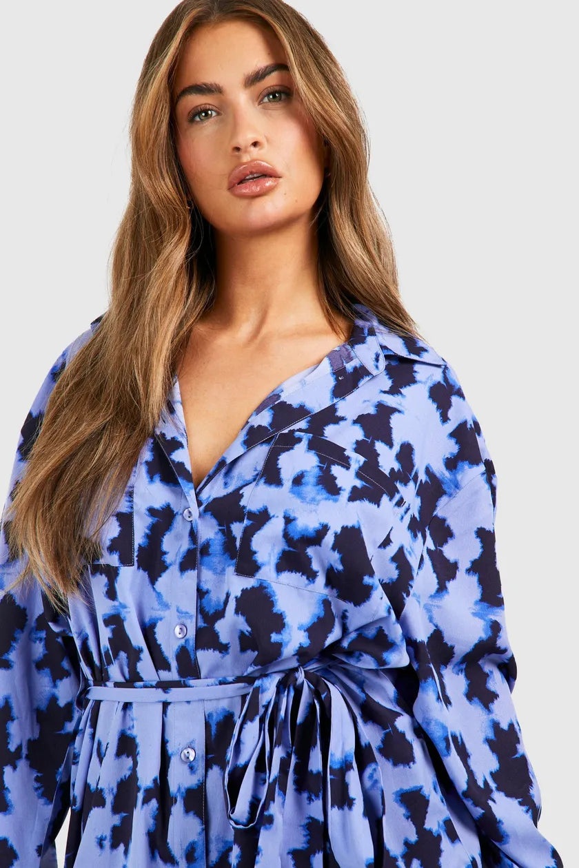 Blur Print Batwing Belted Shirt Dress