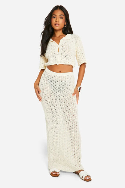 Petite Knitted Pointelle Maxi Skirt Ecru