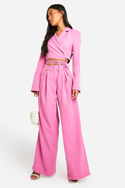 Pleat Front Wide Leg Tailored Trousers Pink