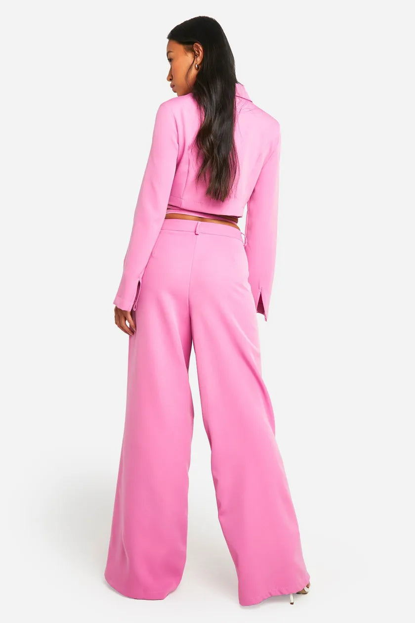 Pleat Front Wide Leg Tailored Trousers Pink