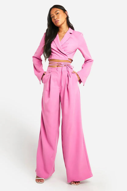 Pleat Front Wide Leg Tailored Trousers Pink