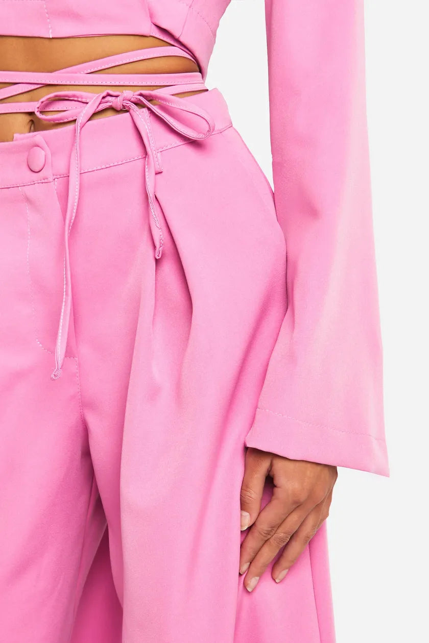 Pleat Front Wide Leg Tailored Trousers Pink