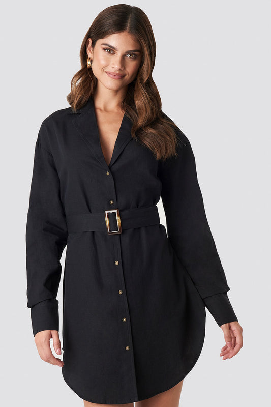 Belted Oversized Linen Look Shirt Dress