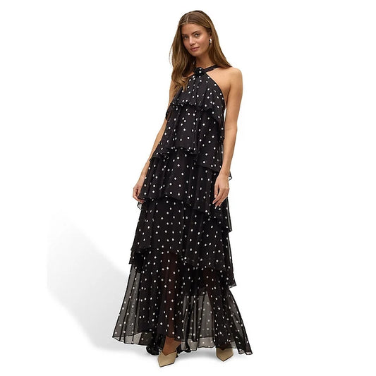 Vero Moda Polka Dot Ruffle Halter Neck Maxi Dress - Black