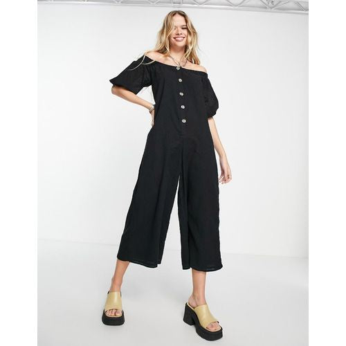 Off Shoulder Button Front Dobby Jumpsuit