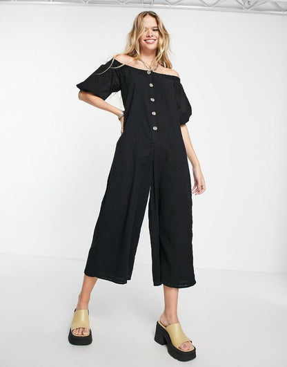 Off Shoulder Button Front Dobby Jumpsuit