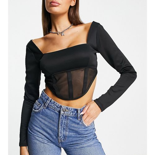 Long Sleeve Mesh Corset Top In Black
