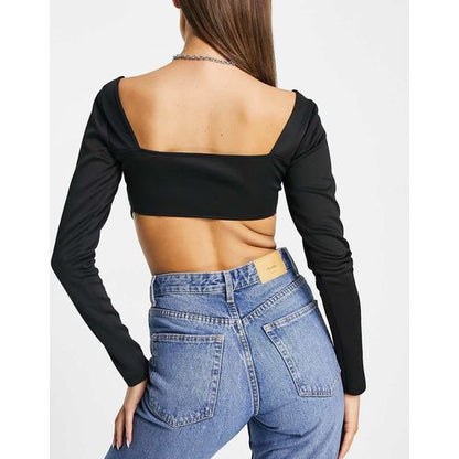 Long Sleeve Mesh Corset Top In Black