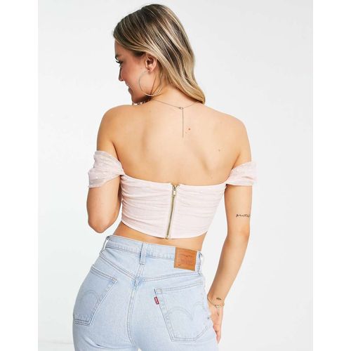 Pleated Dobby Mesh Bordot Crop Top In Blush