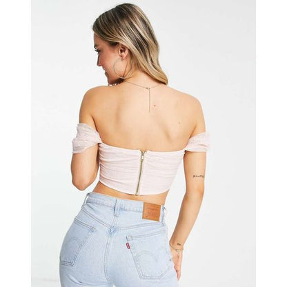 Pleated Dobby Mesh Bordot Crop Top In Blush
