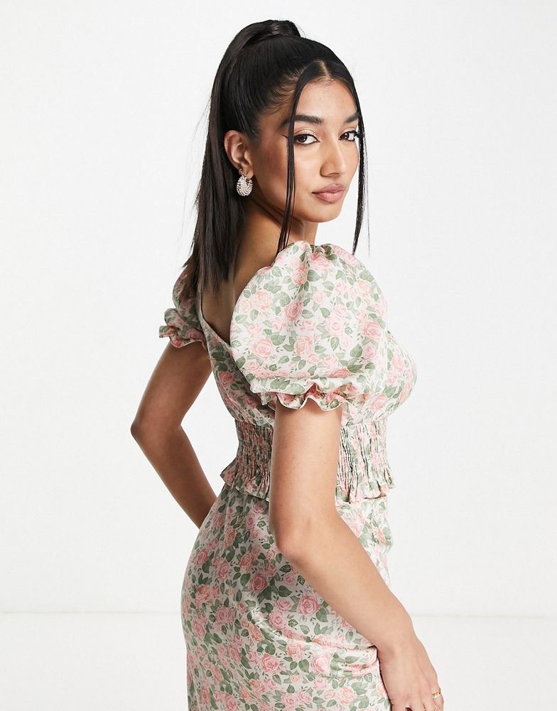 Satin Shirred Tea Top Co-Ord In Rose Print-Multi