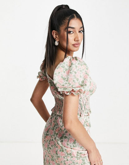 Satin Shirred Tea Top Co-Ord In Rose Print-Multi