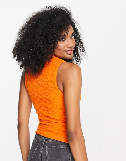 Topshop Textured High Neck Racer Tank in Orange