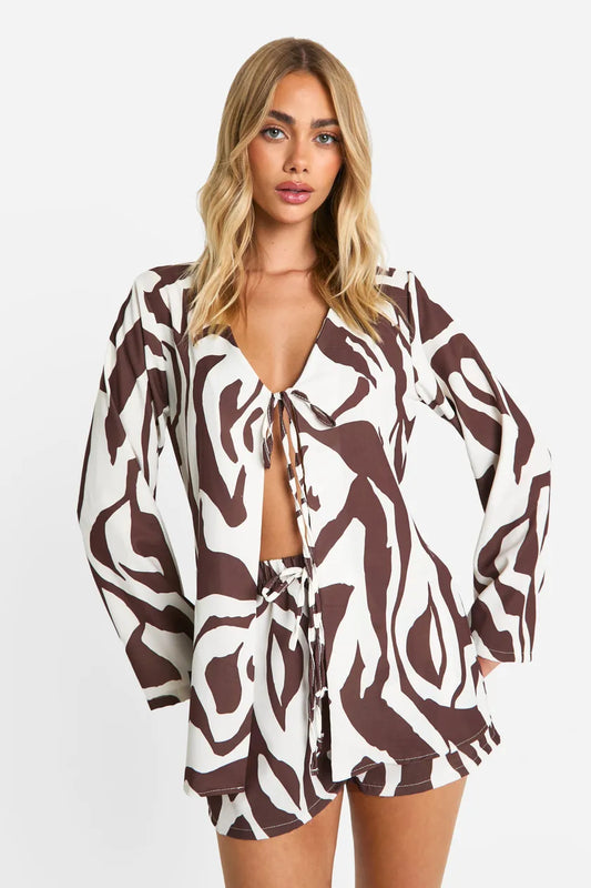 Tonal Print Hammered Tie Front Blouse & Relaxed Fit Shorts
