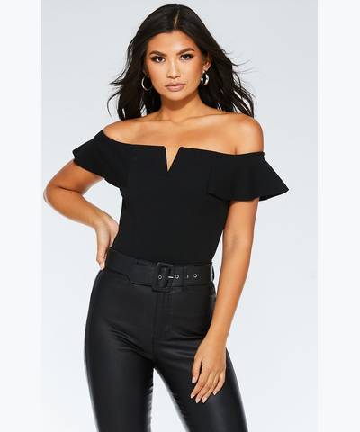 Black V Bar Frill Bodysuit