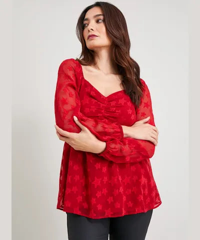 Red Star Jacquard Ruched Front Top