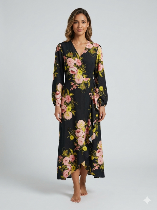 Girl In Mind Thea Black Floral Long Sleeve Wrap Midaxi Dress