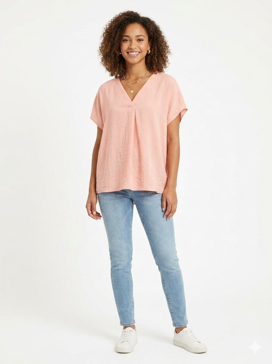 Pink V-Neck Short Sleeve Blouse
