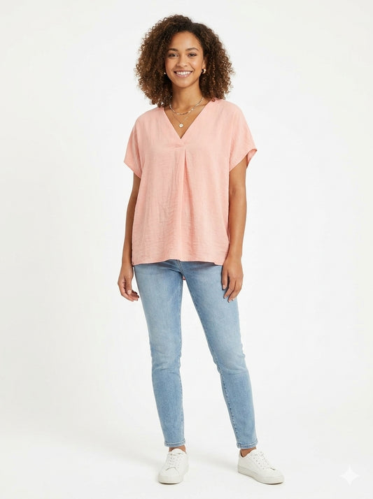 Pink V-Neck Short Sleeve Blouse