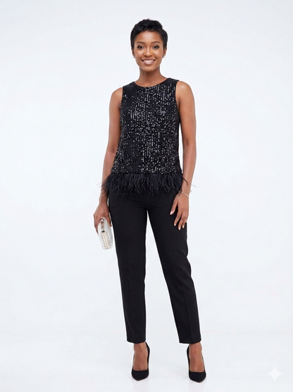 Women Sleeveless Sequin Top With Feather Trim Hem
