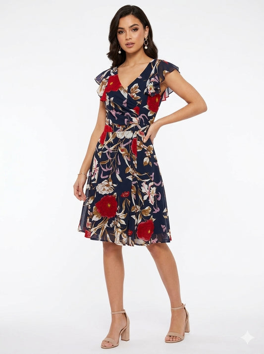 Navy Floral Frill Wrap Midi Dress