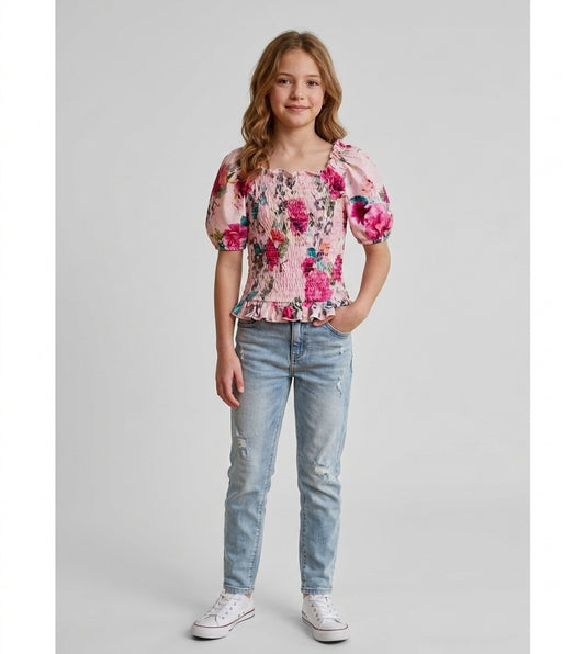 Kids Cotton Rich Puff Sleeve Shirred Floral Blouse