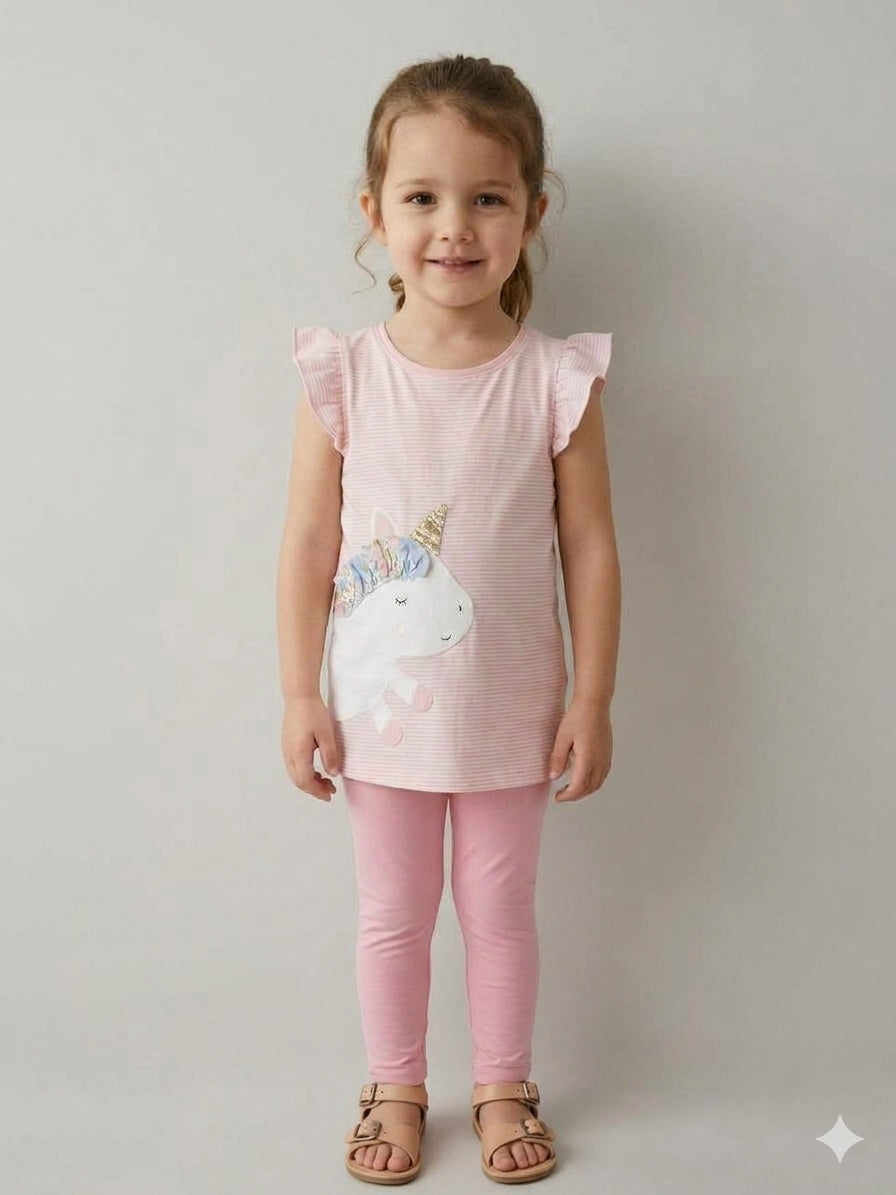 Next Girls Pink Stripe Unicorn Ruffle T-Shirt