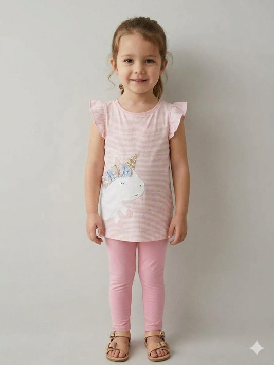 Next Girls Pink Stripe Unicorn Ruffle T-Shirt