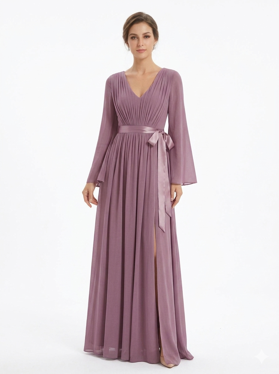 A line V- Neck Chiffon Maxi Bridesmaid Dress