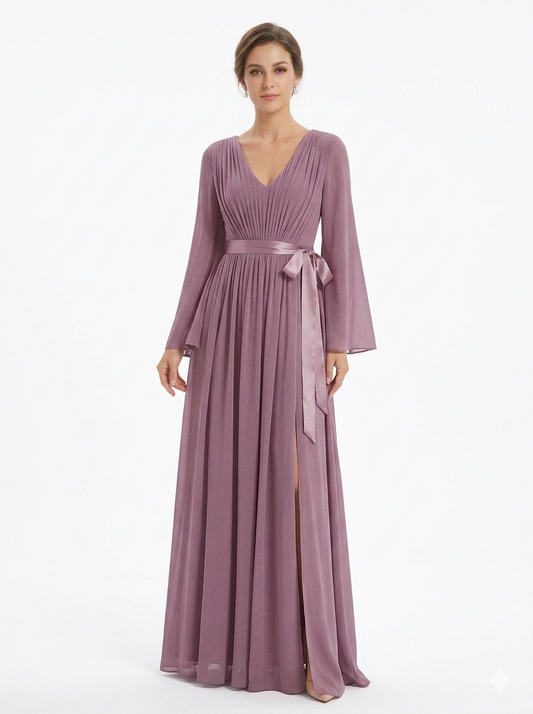 A line V- Neck Chiffon Maxi Bridesmaid Dress