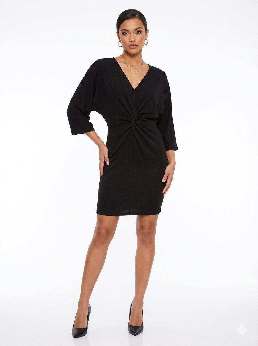 Black Knot Front Batwing Dress