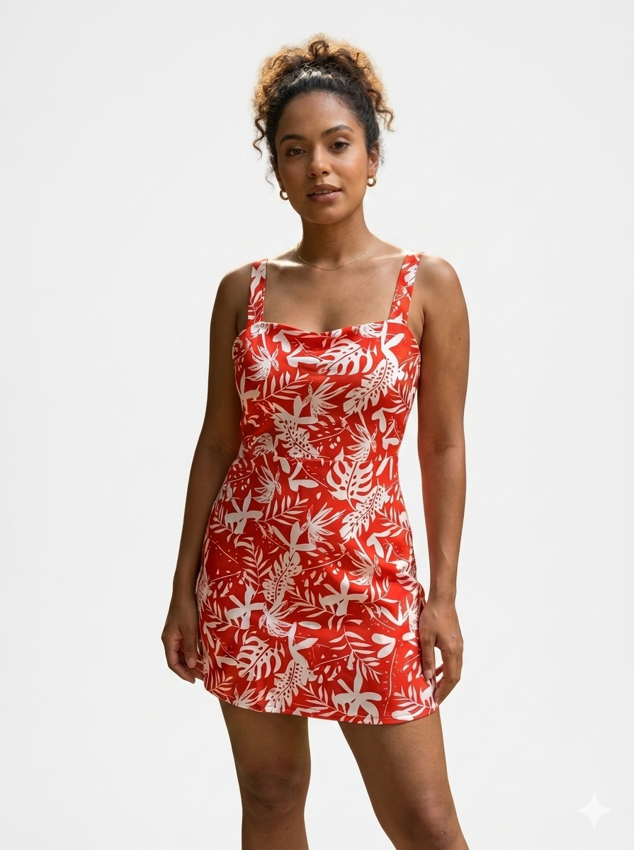Red Tropical Print Beach Mini Dress