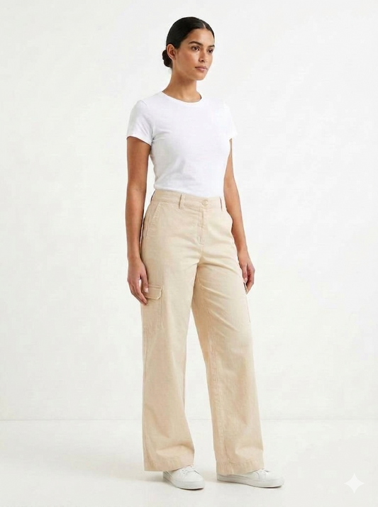Beige Wide Leg Cargo Trouser