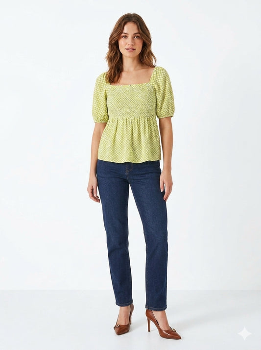 Puff sleeve Shirred Peplum Top