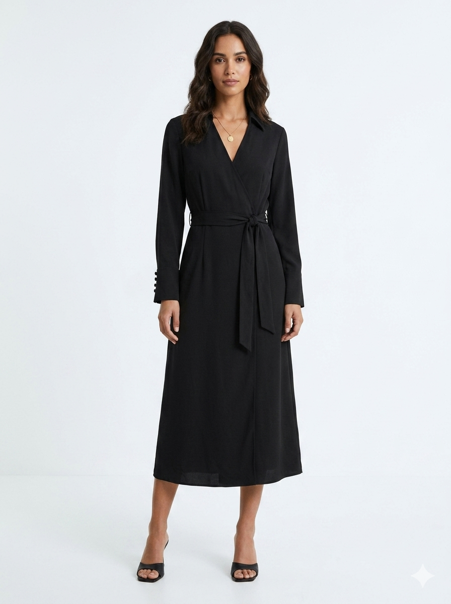 Black Long Sleeve Wrap Midi Dress