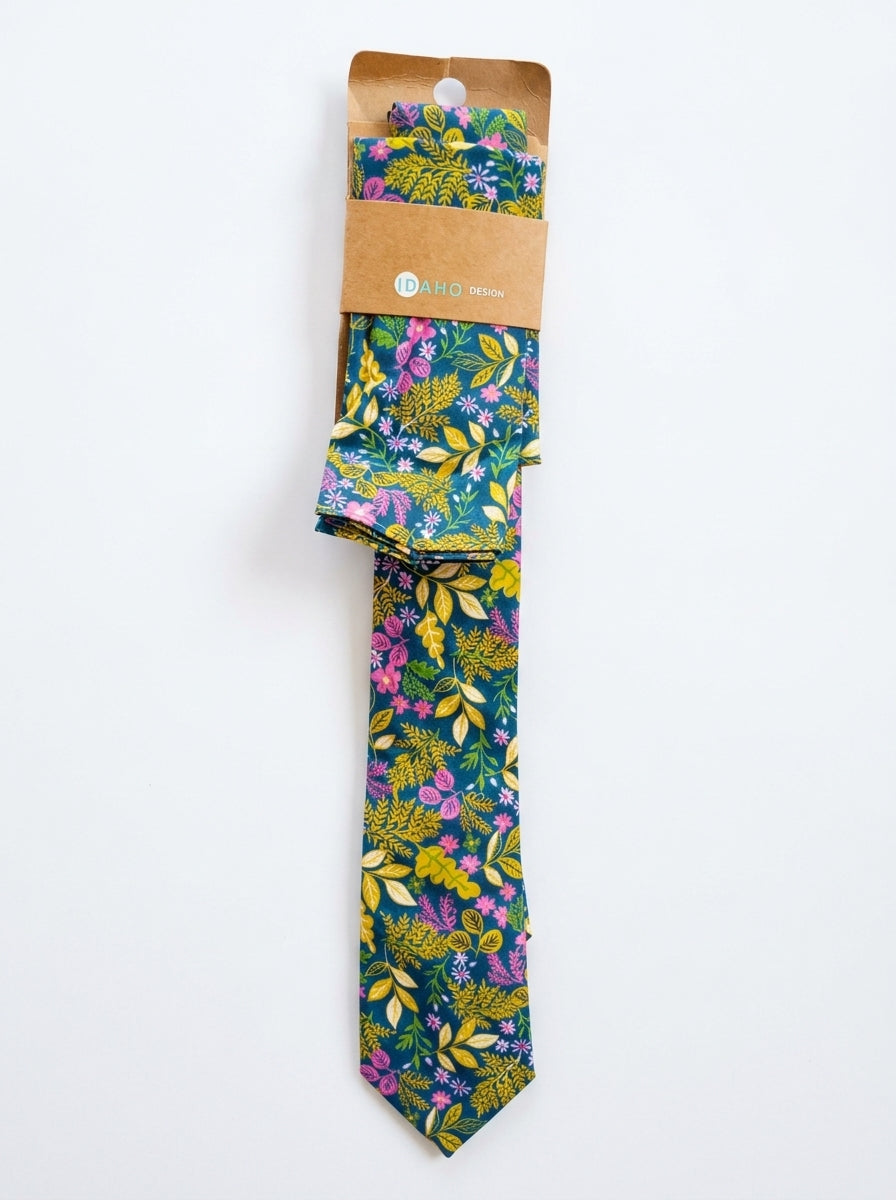 Teal Botanical Floral Tie And Pocket Square Set