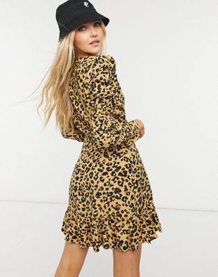 Ruched Sleeve Animal Print Wrap Dress