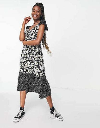 Short Frill Sleeve Midi Dress in Daisy Polka Mix Print