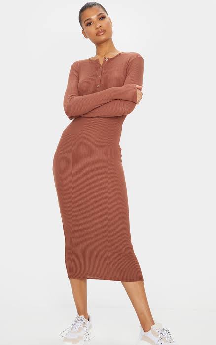 Brushed Rib Button Front Midaxi Dress