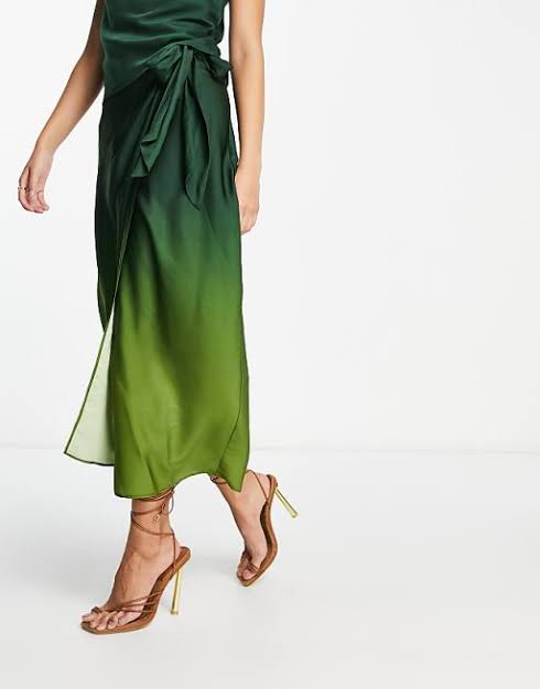 Satin Midi Skirt Co-ord in Green Ombre