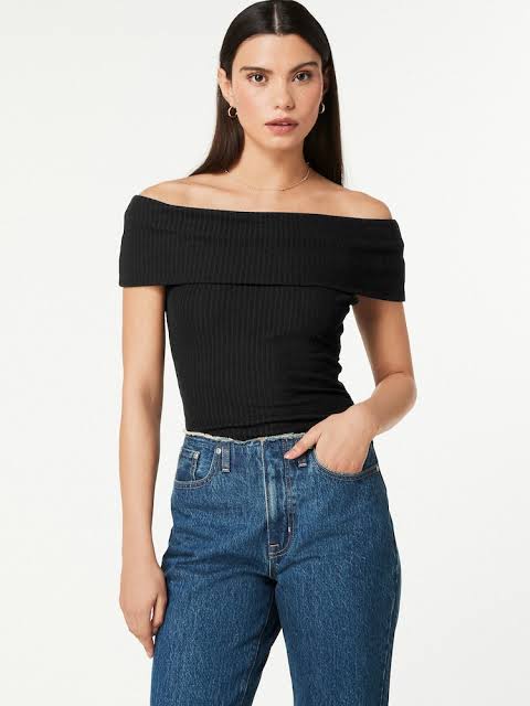 Ribbed Black Bardot Top